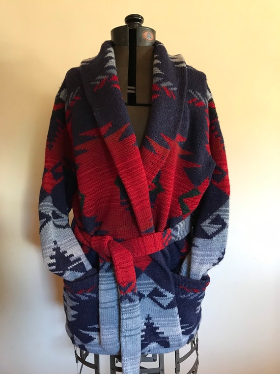 Ralph Lauren Sweater Coat Hand Knit Large Wool Tribal Aztec Navajo