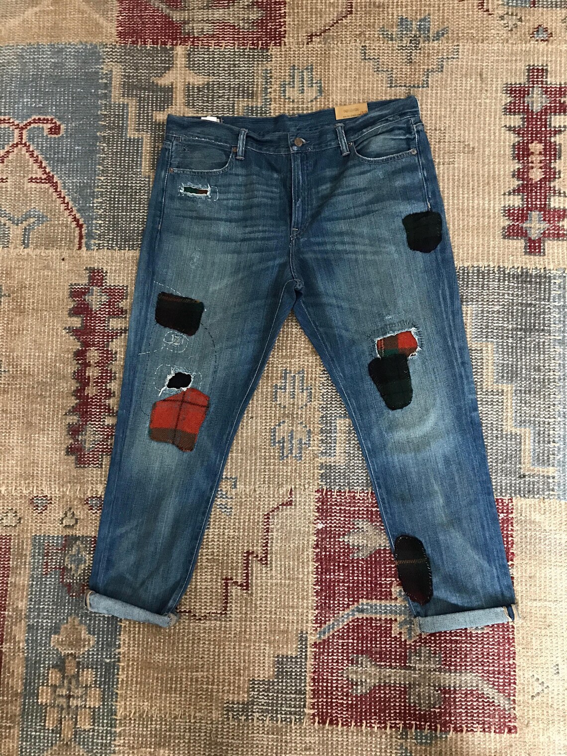 Ralph Lauren Jeans Patchwork Wool Plaid Womens Indigo 32 Jeans Etsy