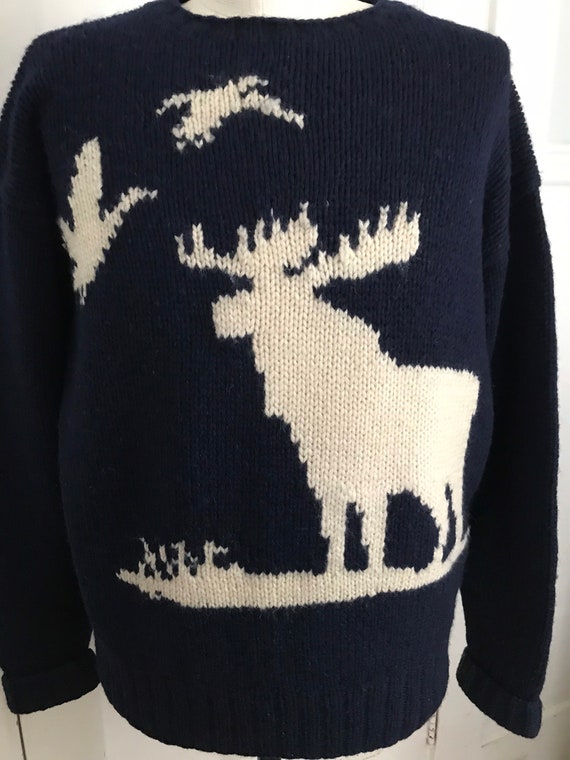 Vintage Ralph Lauren Hand knit Sweater Moose Bird… - image 4
