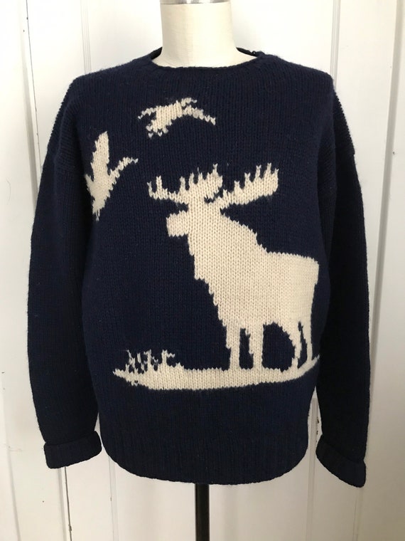 Vintage Ralph Lauren Hand knit Sweater Moose Bird… - image 2