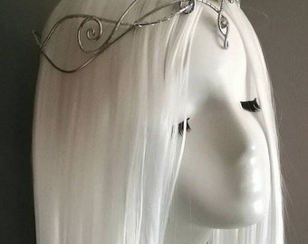 Elven Tiara: Silver tone Wire Crown with Aura Crystal and Wings