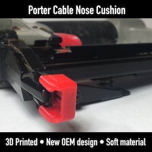 May include: A red 3D printed nose cushion for a nail gun. The cushion is designed to protect the nail gun's nose from damage and to prevent the nail gun from slipping. The cushion is made of a soft material and is easy to install.
