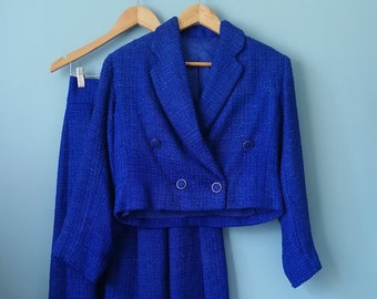 VINTAGE. Bright blue tweed style skirt set. Homemade vintage. Size XS/S.