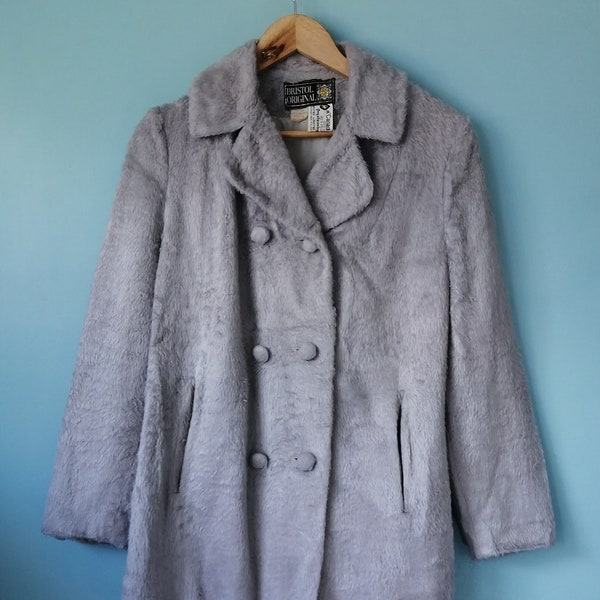 VINTAGE. Grey furry double breasted coat. Size 14. *Bristol Original*