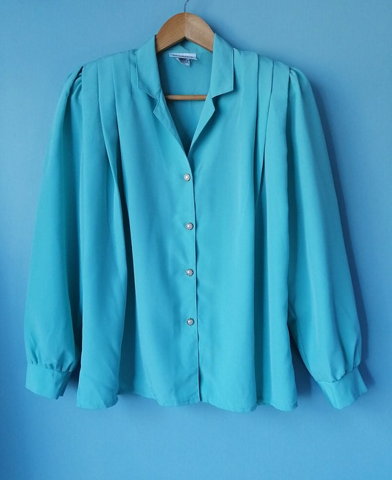 VINTAGE. 1980's aqua blouse with pleat shoulders.… - image 1