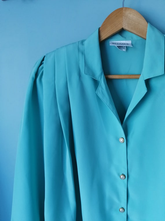 VINTAGE. 1980's aqua blouse with pleat shoulders.… - image 2