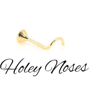 Puede incluir: Un piercing de nariz dorado con un dise&ntilde;o curvo y un peque&ntilde;o extremo decorativo redondo. El texto "Holey Noses" est&aacute; escrito en cursiva debajo.