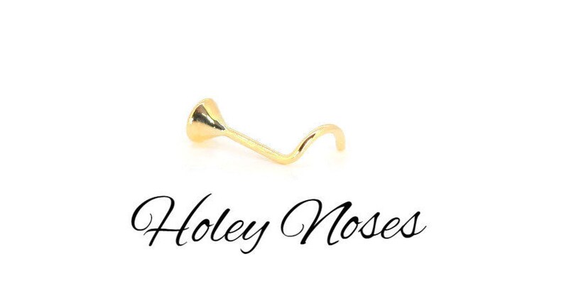 Puede incluir: Un piercing de nariz dorado con un dise&ntilde;o curvo y un peque&ntilde;o extremo decorativo redondo. El texto "Holey Noses" est&aacute; escrito en cursiva debajo.