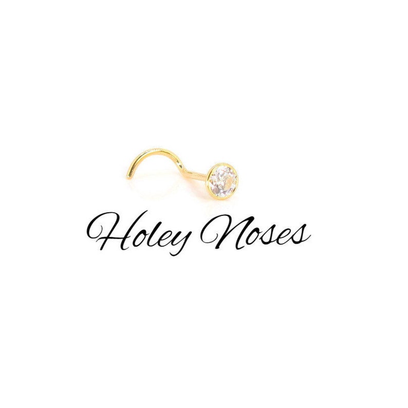Puede incluir: Un piercing de nariz dorado con un poste curvo y una gema redonda y transparente. El texto "Holey Noses" est&aacute; escrito en cursiva debajo del piercing sobre un fondo blanco.