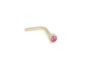 Handmade  Genuine Gold Nose stud - 18ct Yellow Gold 2mm created Ruby nose stud ring pin - Bezel setting