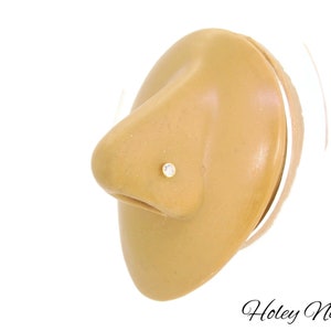 Puede incluir: Un peque&ntilde;o piercing de nariz redondo y transparente con una gema, engastado en metal dorado. El piercing est&aacute; colocado en un modelo de nariz de color beige sobre un fondo blanco. El texto "Holey Noses" est&aacute; en la esquina inferior derecha.