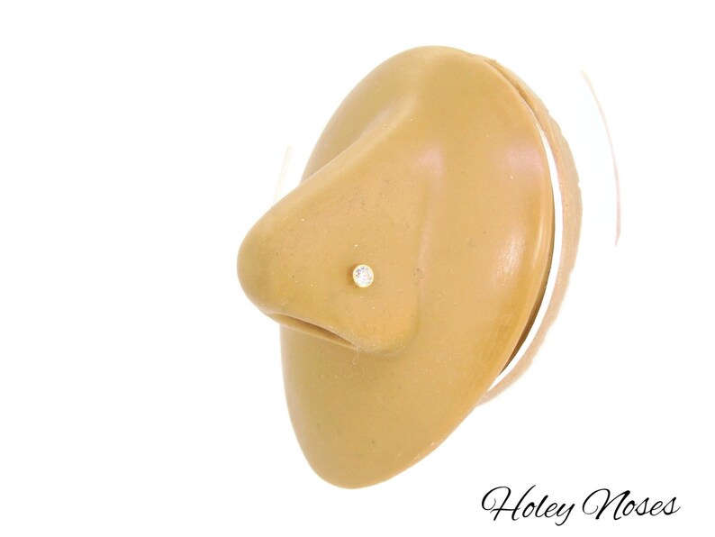 Puede incluir: Un peque&ntilde;o piercing de nariz redondo y transparente con una gema, engastado en metal dorado. El piercing est&aacute; colocado en un modelo de nariz de color beige sobre un fondo blanco. El texto "Holey Noses" est&aacute; en la esquina inferior derecha.