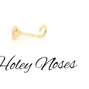 Puede incluir: Un piercing de nariz dorado con una gema clara y redonda. El piercing es curvo y tiene un peque&ntilde;o engaste decorativo. El texto "Holey Noses" est&aacute; escrito en cursiva debajo.