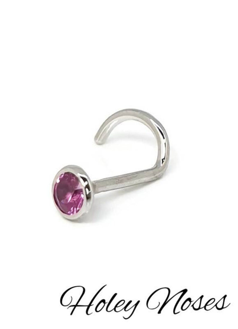May include: A silver nose stud with a curved post and a round, bezel-set pink gemstone. The jewelry is set against a white background. The brand name "Holey Noses" is written in cursive script at the bottom.