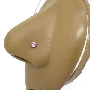May include: A nose stud featuring a small, round, pink gemstone set in a silver-colored metal. The stud is placed on a tan-colored nose. The image includes the text "Holey Noses" in a cursive font.