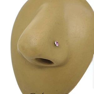 May include: A nose stud featuring a small, round, pink gemstone. The stud is set in a silver or white metal. The image shows the stud in a nose piercing on a mannequin. The text "Holey Noses" is at the bottom.