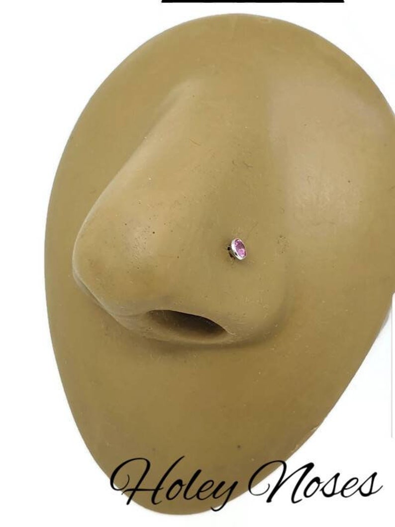 May include: A nose stud featuring a small, round, pink gemstone. The stud is set in a silver or white metal. The image shows the stud in a nose piercing on a mannequin. The text "Holey Noses" is at the bottom.