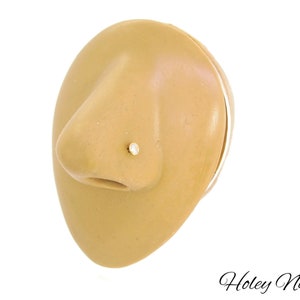 Puede incluir: Un piercing de nariz con una peque&ntilde;a gema redonda y transparente engastada en metal dorado. El piercing est&aacute; colocado en un modelo de nariz de color beige. El texto "Holey Noses" est&aacute; escrito en cursiva en la parte inferior derecha.