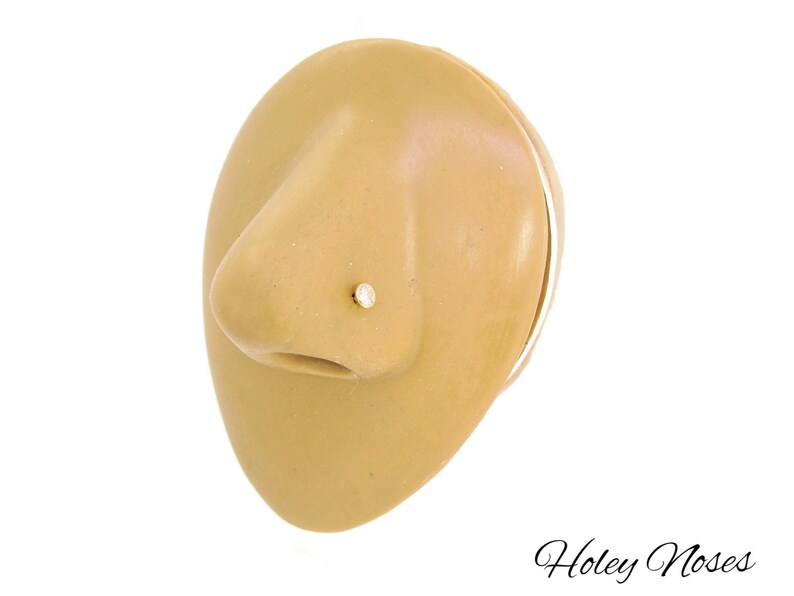 Puede incluir: Un piercing de nariz con una peque&ntilde;a gema redonda y transparente engastada en metal dorado. El piercing est&aacute; colocado en un modelo de nariz de color beige. El texto "Holey Noses" est&aacute; escrito en cursiva en la parte inferior derecha.