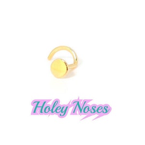 Pode incluir: Um piercing de nariz dourado com um poste curvo e um disco plano e circular. O texto "Holey Noses" está escrito em itálico abaixo.