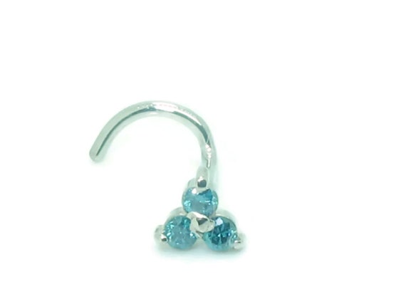 18ct White Gold Aqua Blue Diamond 0.03ct Nose Stud Ring Bone Pin body jewellery 18ct White Gold Aqua Blue Diamond 0.03ct Nose Stud Ring Bone Pin body jewellery