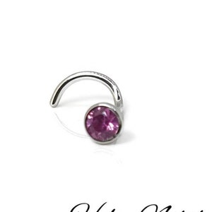May include: A silver nose ring with a curved post and a round, magenta-colored gemstone. The jewelry is set against a white background. The text "Holey Noses" is written in cursive script below the nose ring.