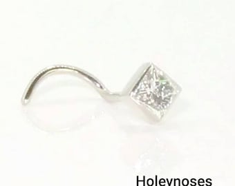 Handmade  Genuine Gold Nose stud - Handmade 18ct white gold princess cut diamond 0.17cts nose stud pin ring  DVS best quality diamond