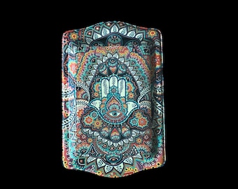 Hamsa Metal Turkish Tray (9.8 x 6.3 inches) - Perfect for Housewarming or Christmas Gifts, Coffee/Tea/Snack Tray, Home Decor