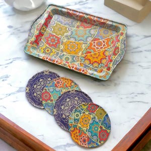 Metal Turkish Tray Coasters Set, Metal Tray and 4 Coasters - Perfect for Housewarming or Christmas Gifts