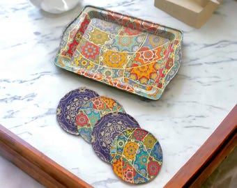 Turkish Metal Tray & Coaster Set: Colorful Decorative Serving Set