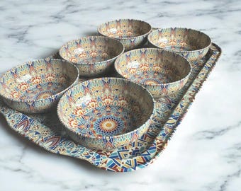 Turkish Metal Tray and Bowls Set: Colorful Decorative Serving Set