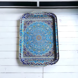 Blue Metal Tray,  12.25" x 8.5" Mediterranean, Moroccan Persian Coffee / Tea Tray, Perfect for Housewarming or Christmas Gifts