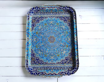 Blue Metal Tray,  12.25" x 8.5" Mediterranean, Moroccan Persian Coffee / Tea Tray, Perfect for Housewarming or Christmas Gifts