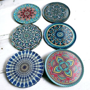 Drink Coasters Set Of 6 Turkish Moroccan Design Round Coaster Tea Coffee Cup Mat - Housewarming Gift, Lot #7