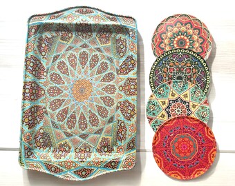 Turkish Metal Tray & Coaster Set: Colorful Decorative Serving Tray with 4 Coasters