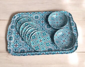 Turkish Coffee Set - Decorative Tray, Bowls & Coasters