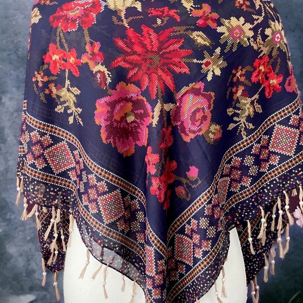 Traditional Turkish Scarf with Fringe and Floral Print - Authentic Gift Made in Turkey
