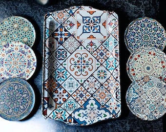 Handmade Turkish Metal Tray & Coaster Set: Colorful Home Decor