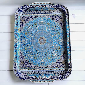 Blue Metal Tray,  12.25&quot; x 8.5&quot; Mediterranean, Moroccan Persian Coffee / Tea Tray, Perfect for Housewarming or Christmas Gifts