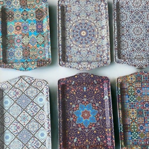 6 Small Metal Trays, 9.8&quot; x 6.3&quot; Turkish Colorful Decorative Coffee / Tea Tray, Perfect for Housewarming or Christmas Gifts
