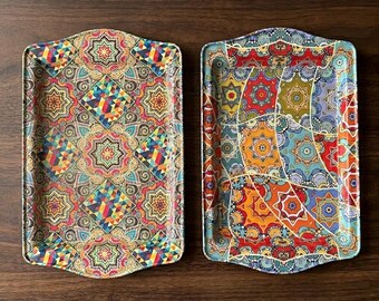 Set of 2 Turkish Tea Trays: Moroccan Persian Metal Tray (9.84" x 6.3")
