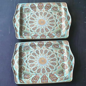 2 Metal Trays,  Mandala Blue, Turkish Serving 9.84&quot; x 6.3&quot; Coffee / Tea Tray, Perfect for Housewarming or Christmas Gifts