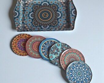 Turkish Serving Tray Set: Metal Tray & 6 Coasters
