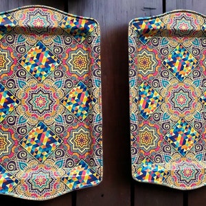 2 Metal Trays, Turkish  Moroccan Persian 9.84&quot; x 6.3&quot; Coffee / Tea Tray, Perfect for Housewarming or Christmas Gifts