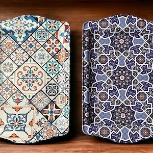 Set of 2 Metal Trays, Small Decorative Turkish Tray,  9.84&quot; x 6.3&quot; Coffee / Tea Tray, Perfect for Housewarming or Christmas Gifts