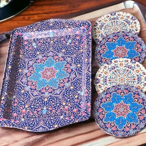 Metal Turkish Tray Coasters Set, Metal Tray and 4 Coasters - Perfect for Housewarming or Christmas Gifts