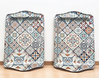 Set of 2 Turkish Metal Coffee Trays: Moroccan Persian Design (9.84" x 6.3")