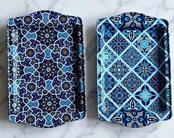Set of 2 Turkish Metal Serving Trays | Blue Geometric Pattern, Coffee Tea Decor