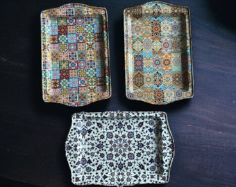 Set of 3 Turkish Metal Trays, Mediterranean, Moroccan Persian Coffee / Tea Tray, Perfect for Housewarming or Christmas Gifts