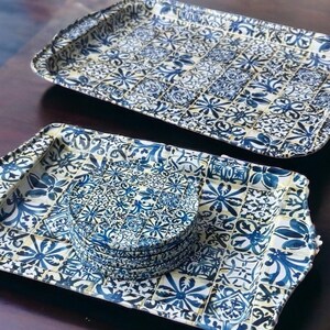 8 pc. Set 2 Metal Trays and 6 Coasters, Colorful Decorative Serving Trays and Round Coasters - Perfect for Housewarming or Christmas Gifts